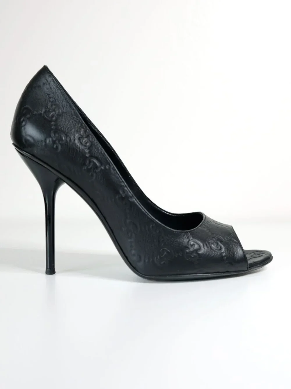 Gucci Guccissima Peep Toe Stilettos, Matte Black
